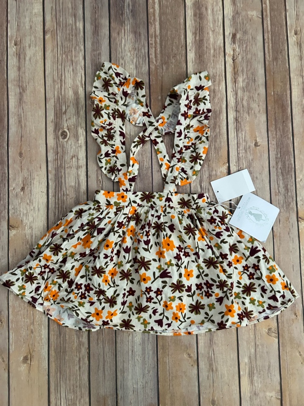 marmellata Cream Floral Ruffle Strap Dress with Orange and Brown Blooms
